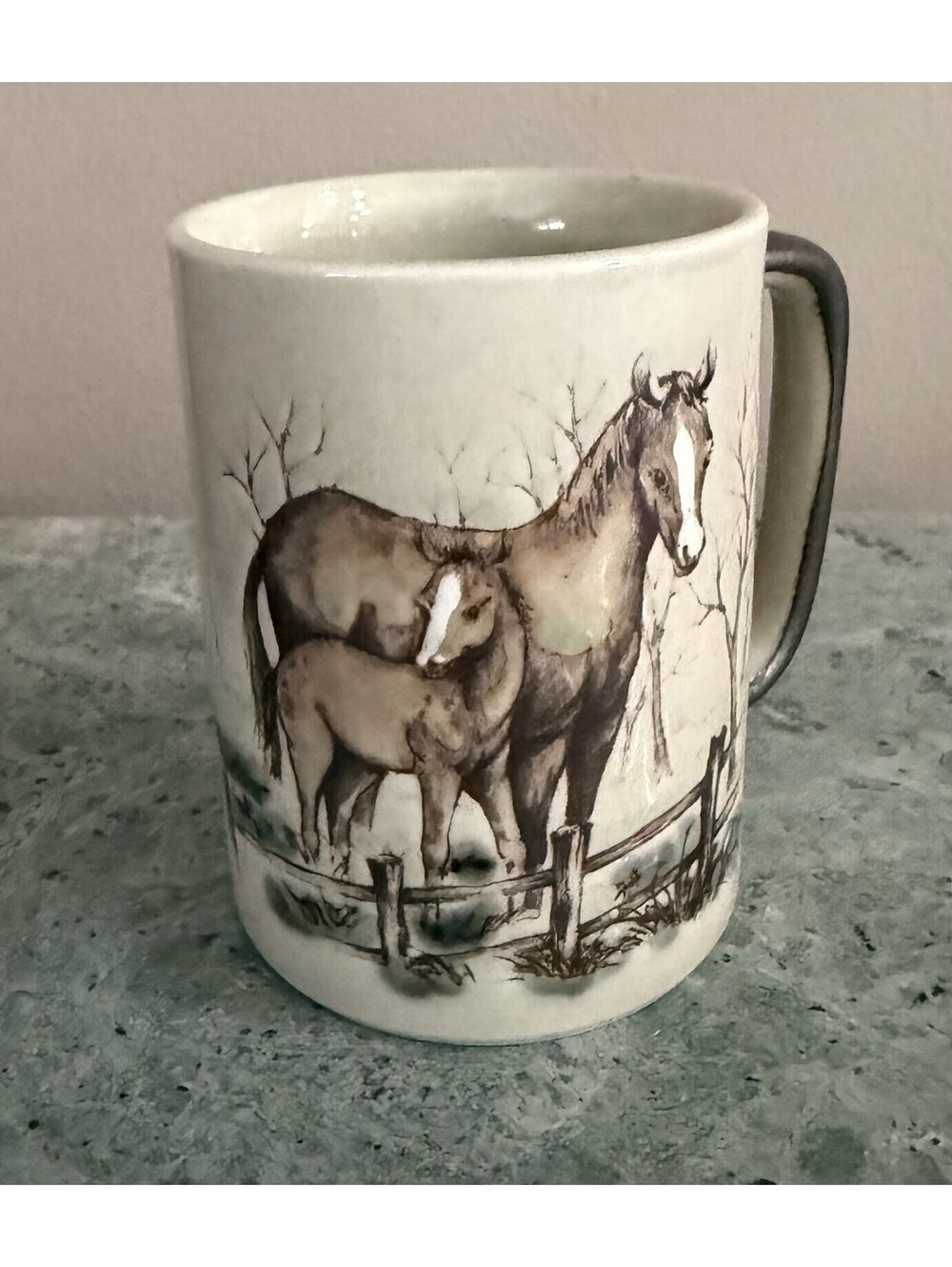 Vintage Otagiri Stoneware Coffee Mug With A Horse Mare and Her Foal Design Cup